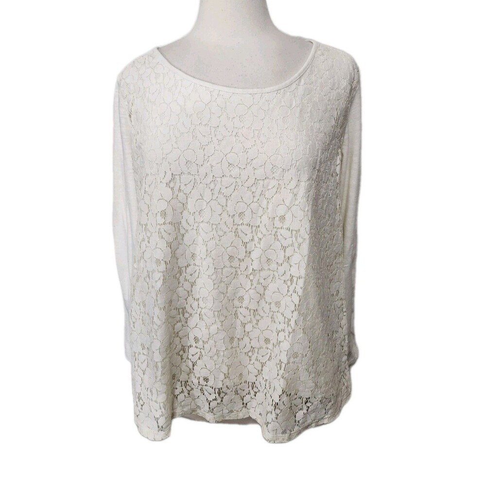 Falls Creek Womens White Knit Top 2X LACE front Lined Long Sleeve Pullover